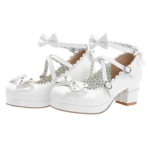 Etebella Damen Mary Jane Pumps mit Blockabsatz und Schleife High Heels Plateau Rockabilly Schuhe(Weiß,38) von Etebella