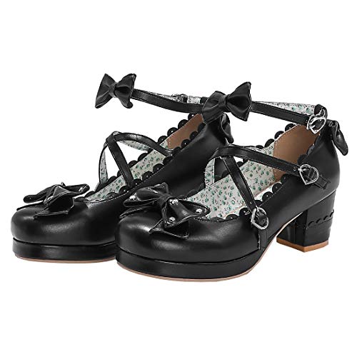 Etebella Damen Mary Jane Pumps mit Blockabsatz und Schleife High Heels Plateau Rockabilly Schuhe (Schwarz,40) von Etebella