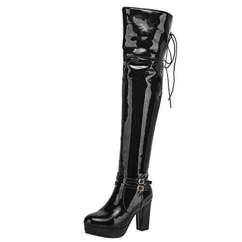 Etebella Damen Overknee Blockabsatz Plateau Stiefel High Heels lackstiefel mit Schnürung Hinten und Schnalle Winter Zipper Schuhe(Schwarz,39) von Etebella