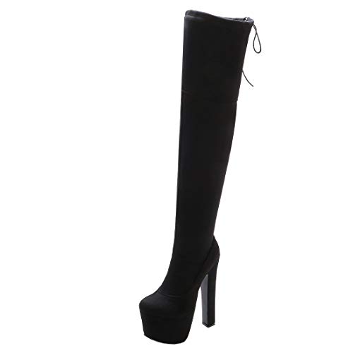 Etebella Damen Overknee Boots High Heel mit Schnürung Plateau Stiefel Blockabsatz Sexy Schuhe (Schwarz,34) von Etebella