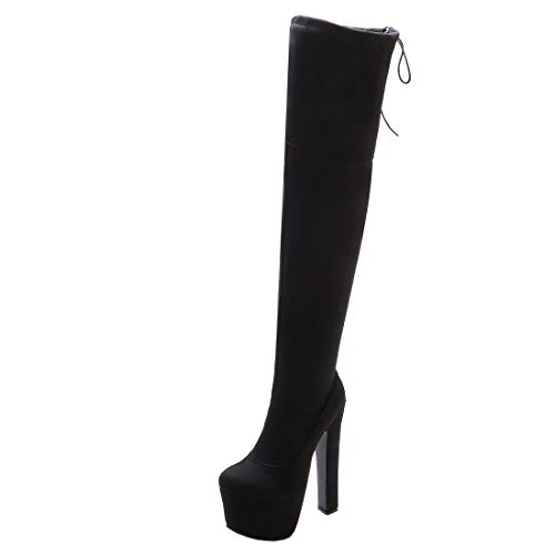 Etebella Damen Overknee Boots High Heel mit Schnürung Plateau Stiefel Blockabsatz Sexy Schuhe (Schwarz,37) von Etebella