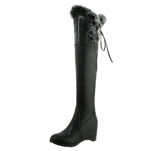 Etebella Damen Overknee Keilabsatz Stiefel mit Schnürsenkel und Fell Thigh High Heels Boots Warme Winterstiefel Schuhe (Schwarz,39) von Etebella