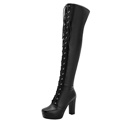 Etebella Damen Overknee Stiefel Schnürung Plateau High Heels Blockabsatz Thigh Boots mit Reißverschluss Moderne Schuhe (Schwarz,40) von Etebella