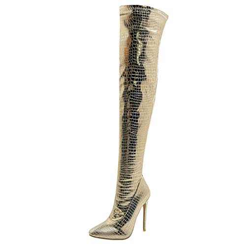 Etebella Damen Overknee Stiefel Spitz High Heels Oberschenkel Stiefel mit Pfennigabsatz Thigh High Boots Sexy Abend Schuhe(Gold,39) von Etebella