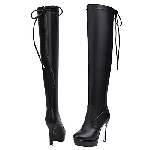 Etebella Damen Overknee Stiefel Stiletto Plateau High Heels Boots mit Schnürung Warm Gefüttert Schuhe(Schwarz,37) von Etebella
