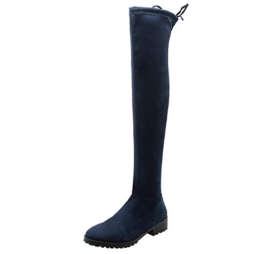 Etebella Damen Overknee Stretch Stiefel mit Schnürung Hinten Flache Langschaft Thigh High Boots Bequem Faux Wildleder Schuhe (Blau,38) von Etebella