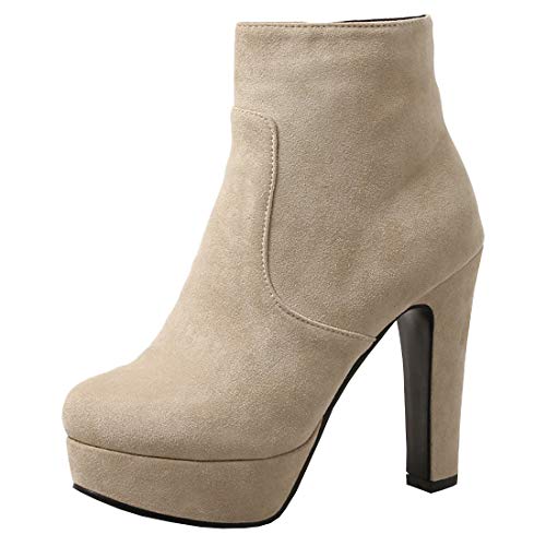 Etebella Damen Plateau Ankle Boots Blockabsatz High Heels Stiefeletten mit Reißverschluss Elegante 12cm Absatz Schuhe (Beige,38) von Etebella
