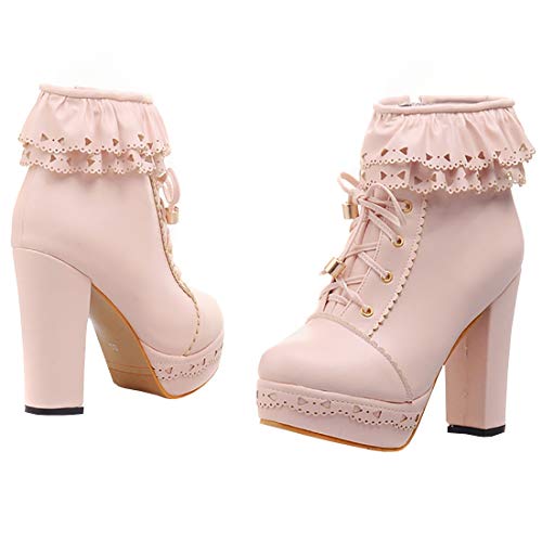 Etebella Damen Plateau High Heels Blockabsatz Schnürstiefeletten mit Reißverschluss Süße Ankle Boots Sweet Schuhe (Rosa,45) von Etebella