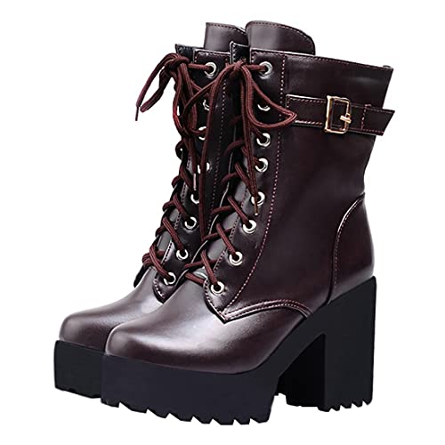 Etebella Damen Plateau Stiefeletten Schnüren Blockabsatz High Heels Ankle Boots mit Schnalle Gothic Winter Schuhe(Dunkelbraun,37) von Etebella
