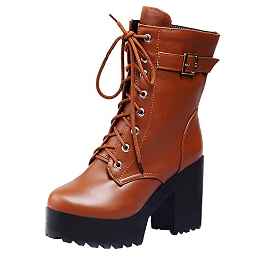 Etebella Damen Plateau Stiefeletten Schnüren Blockabsatz High Heels Ankle Boots mit Schnalle Gothic Winter Schuhe(Hellbraun,38) von Etebella