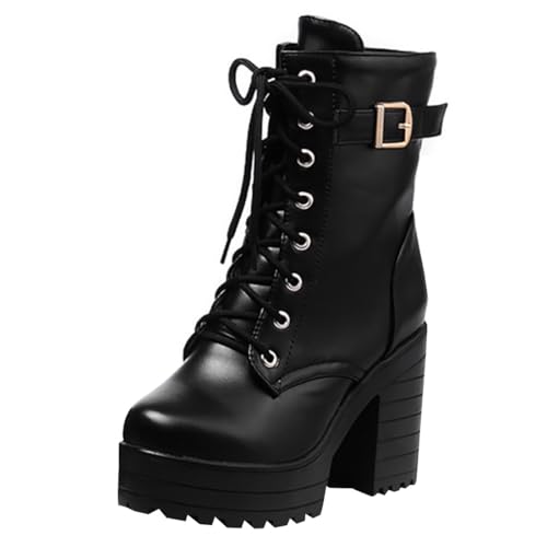 Etebella Damen Plateau Stiefeletten Schnüren Blockabsatz High Heels Ankle Boots mit Schnalle Gothic Winter Schuhe(Schwarz,36) von Etebella