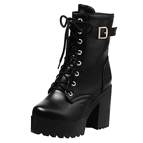 Etebella Damen Plateau Stiefeletten Schnüren Blockabsatz High Heels Ankle Boots mit Schnalle Gothic Winter Schuhe(Schwarz,38) von Etebella