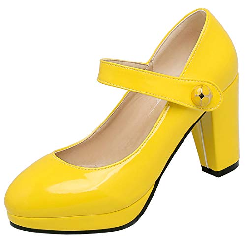 Etebella Damen Pumps Mary Janes mit Blockabsatz und Plateau Lack High Heels Rockabilly Schuhe(Gelb,37) von Etebella