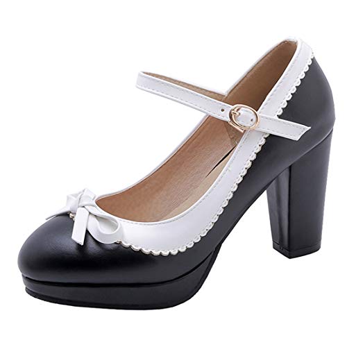 Etebella Damen Riemchen High Heels Mary Jane Pumps mit Blockabsatz und Plateau Schleife Rockabilly Schuhe (Schwarz,40) von Etebella