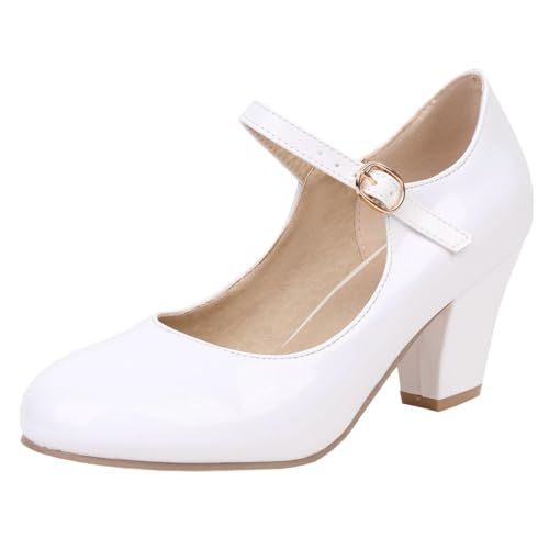 Etebella Damen Riemchen Mary Jane High Heels Pumps mit Blockabsatz und Schnalle Rockabilly Lack Schuhe(Weiß,39) von Etebella
