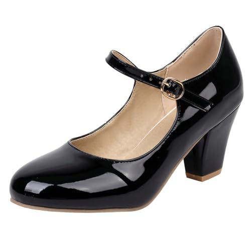 Etebella Damen Riemchen Mary Jane High Heels Pumps mit Blockabsatz und Schnalle Rockabilly Lack Schuhe (Schwarz,35) von Etebella