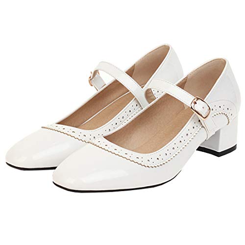 Etebella Damen Riemchen Pumps mit Blockabsatz 4cm Absatz Mary Jane Lack Halbschuhe Vintage Schuhe(Weiß,37) von Etebella