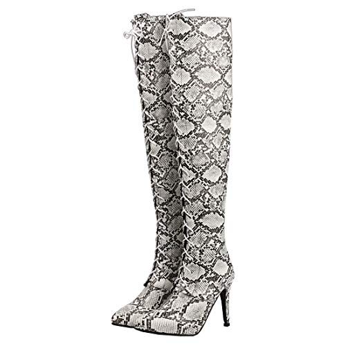 Etebella Damen Schlangenmuster Overknee Stiefel mit Schnürung Stiletto High Heels Spitz Thigh Boots Sexy Zipper Schuhe(Weiß,38) von Etebella