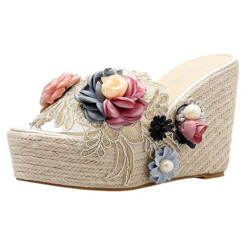 Etebella Damen Sommer High Heels Keilabsatz Mules mit Blumen Süße Plateau Pantoffeln Wedges Geflochten Schuhe(Weiß,39) von Etebella