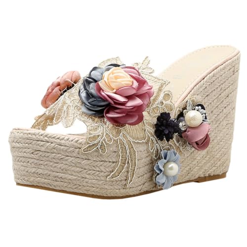 Etebella Damen Sommer High Heels Keilabsatz Mules mit Blumen Süße Plateau Pantoffeln Wedges Geflochten Schuhe (Rosa,39) von Etebella