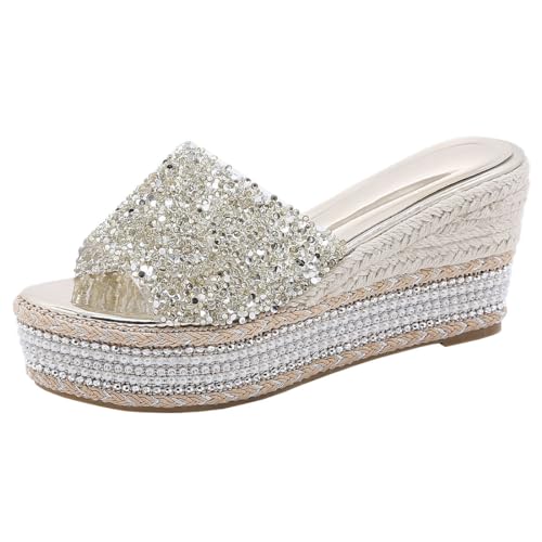 Etebella Damen Sommer High Heels Keilabsatz Mules mit Strass Süße Plateau Pantoffeln Wedges Geflochten Schuhe (Gold,36) von Etebella