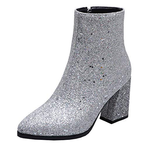 Etebella Damen Spitze High Heels Blockabsatz Stiefeletten Glitzer Ankle Boots Hochzeit Abend Schuhe (Silber,37) von Etebella