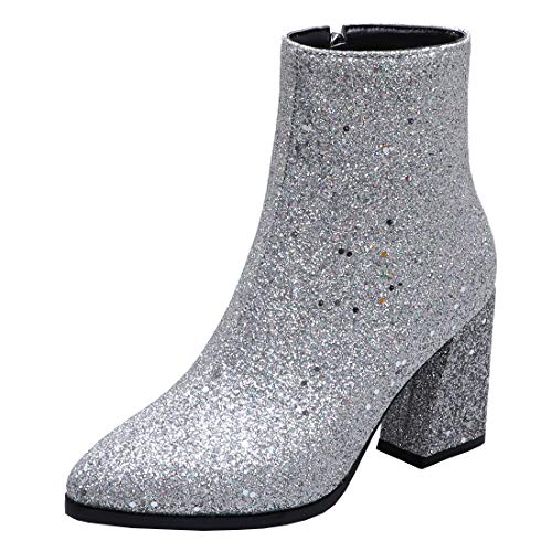 Etebella Damen Spitze High Heels Blockabsatz Stiefeletten Glitzer Ankle Boots Hochzeit Abend Schuhe (Silber,38) von Etebella