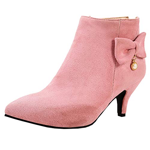 Etebella Damen Spitze Stiefeletten Kitten High Heels Ankle Boots mit Schleife und Hinten Reißverschluss Süße Winterschuhe (Rosa,41) von Etebella