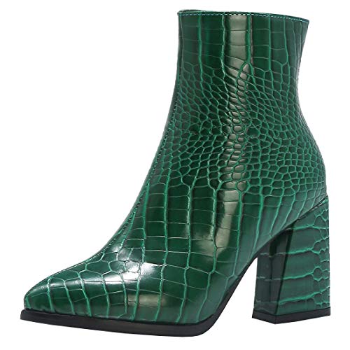 Etebella Damen Spitze Stiefeletten mit Blockabsatz High Heels Ankle Boots mit Reißverschluss Moderne Krokodilmuster Schuhe (Grün,38) von Etebella