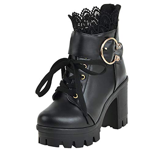 Etebella Damen Spitze Stiefeletten mit Blockabsatz High Heels Ankle Boots zum Schnüren Gothic Plateau Schuhe (Schwarz,37) von Etebella