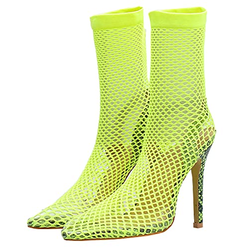 Etebella Damen Spitze Zehen Stiletto Sandalen Mesh High Heels Sommer Stretch Boots Sexy Schuhe(Neon Grün,38) von Etebella