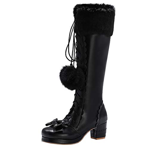 Etebella Damen Stiefel Blockabsatz High Heels Plateau Kniehohe Stiefel zum Schnüren mit Fell Süss Bow Knee Boots Schuhe(Schwarz,38) von Etebella