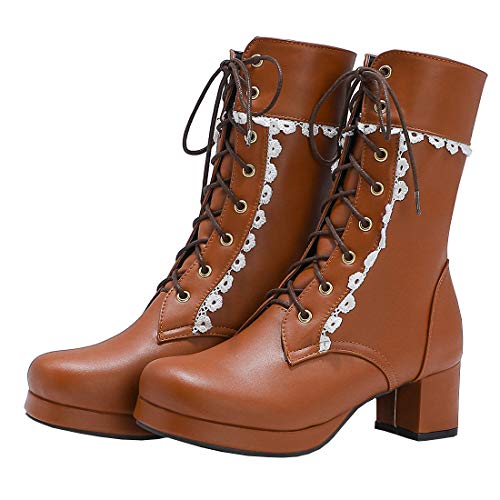 Etebella Damen Stiefeletten Blockabsatz Ankle Boots zum Schnüren mit Spitze und Plateau Süße Boots Schuhe (Braun,38) von Etebella