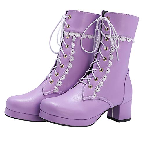 Etebella Damen Stiefeletten Blockabsatz Ankle Boots zum Schnüren mit Spitze und Plateau Süße Boots Schuhe (Violett,36) von Etebella