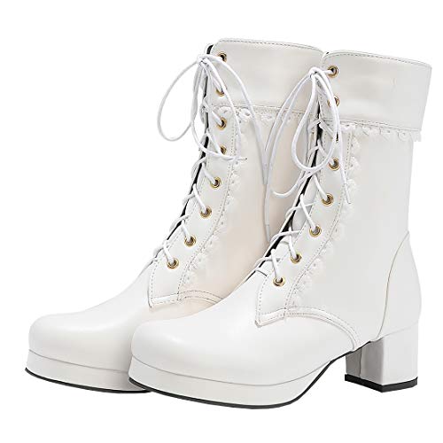 Etebella Damen Stiefeletten Blockabsatz Ankle Boots zum Schnüren mit Spitze und Plateau Süße Boots Schuhe (Weiß,39) von Etebella