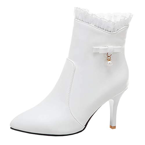 Etebella Damen Stiletto Ankle Boots High Heels Spitze Stiefeletten mit Reißverschluss und Schleife Sweet Lace Hochzeit Schuhe (Weiß,34) von Etebella