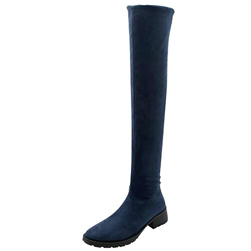 Etebella Damen Stretch Overknee Stiefel Blockabsatz Langschaft Schlupfstiefel Faux Wildleder Thigh Boots Sexy Winterschuhe (Blau,41) von Etebella