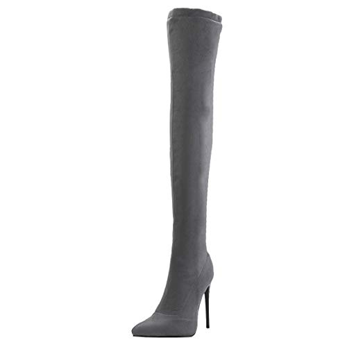 Etebella Damen Stretch Overknee Stiefel Stiletto High Heels Spitz Thigh Boots Elegante Zipper Schuhe (Grau,42) von Etebella