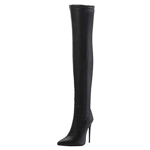 Etebella Damen Stretch Overknee Stiefel Stiletto High Heels Spitz Thigh Boots Elegante Zipper Schuhe (Schwarz 1,40) von Etebella