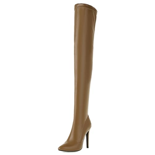 Etebella Damen Stretch Overknee Stiefel Stiletto High Heels Spitze Oberschenkelhohe Stiefel mit Reißverschluss Fashion Party Schuhe(Braun,38) von Etebella