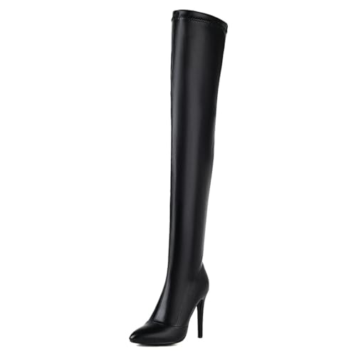 Etebella Damen Stretch Overknee Stiefel Stiletto High Heels Spitze Oberschenkelhohe Stiefel mit Reißverschluss Fashion Party Schuhe(Schwarz,38) von Etebella