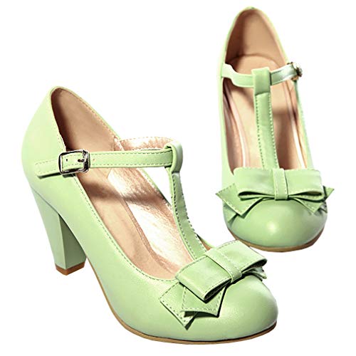Etebella Damen T Steg Pumps High Heels Blockabsatz Mary Jane Süße Schleife Schuhe(Grün,39) von Etebella