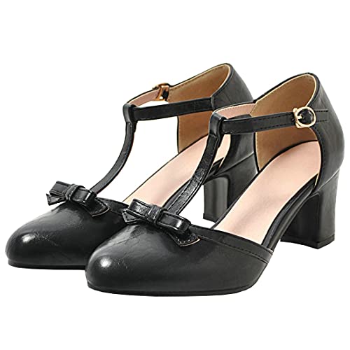 Etebella Damen T Steg Sandaletten Mary Jane Blockabsatz High Heels Pumps mit Schleife (Schwarz,38) von Etebella