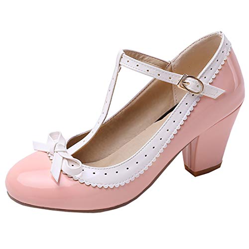 Etebella Damen T Strap High Heels Lack Pumps mit Blockabsatz und Schleife Rockabilly Vintage Schuhe (Rosa,37) von Etebella