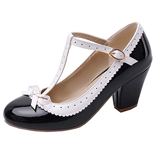 Etebella Damen T Strap High Heels Lack Pumps mit Blockabsatz und Schleife Rockabilly Vintage Schuhe (Schwarz,37) von Etebella