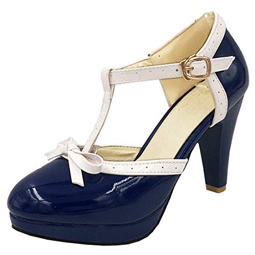 Etebella Damen T-spangen High Heels Plateau Pumps mit Blockabsatz und Schleife Rockabilly Lack Schuhe(Dunkel blau,37) von Etebella