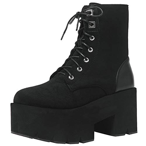 Etebella Stiefeletten Gothic Damen Blockabsatz High Heels Ankle Boots mit Schnürung Wildleder Punk Plateau Schuhe(Schwarz,38) von Etebella