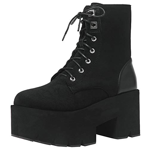 Etebella Stiefeletten Gothic Damen Blockabsatz High Heels Ankle Boots mit Schnürung Wildleder Punk Plateau Schuhe(Schwarz,43) von Etebella