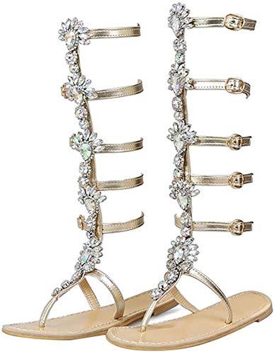 Etebella Zehentrenner Gladiator Römersandalen Kniehoch Flache Glitzer Sandaletten mit Strass Sommerstiefel Damen Lochmuster Schuhe(Gold,34) von Etebella