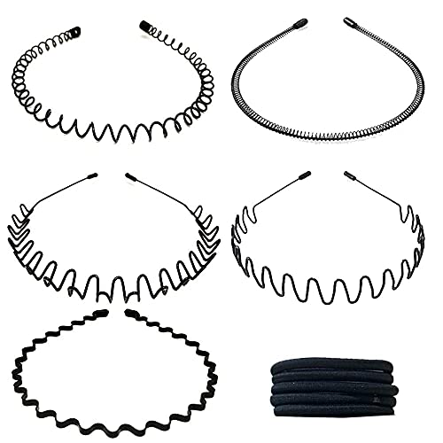 5 Stück Metall Haarband, Etercycle Unisex Haarreif Welle Schwarz Frühling Haarreifen, 90er Damen Herren Headband Multi-Stil Hair Accessories mit 5 Elastischen Haarbändern für Tägliche Fitness von Etercycle